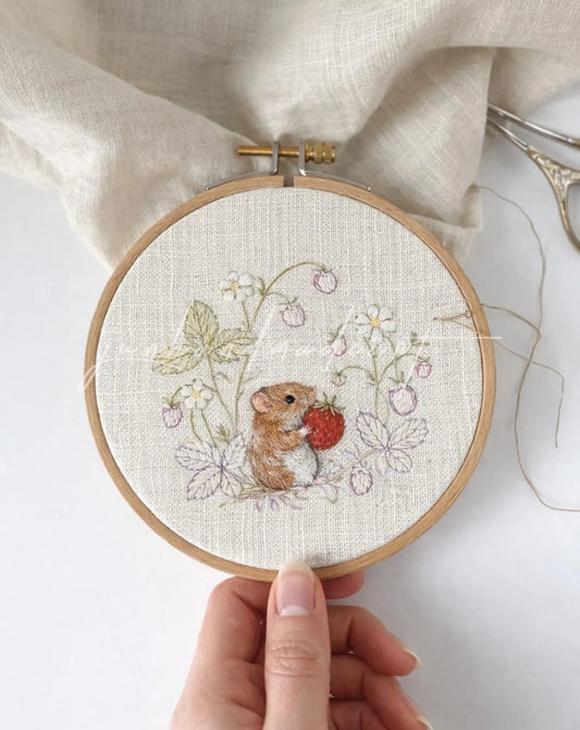 Hand Embroidered Mouse Linen Apron, Strawberry Woodland Apron, Cottagecore Nature Inspired Handmade Gift