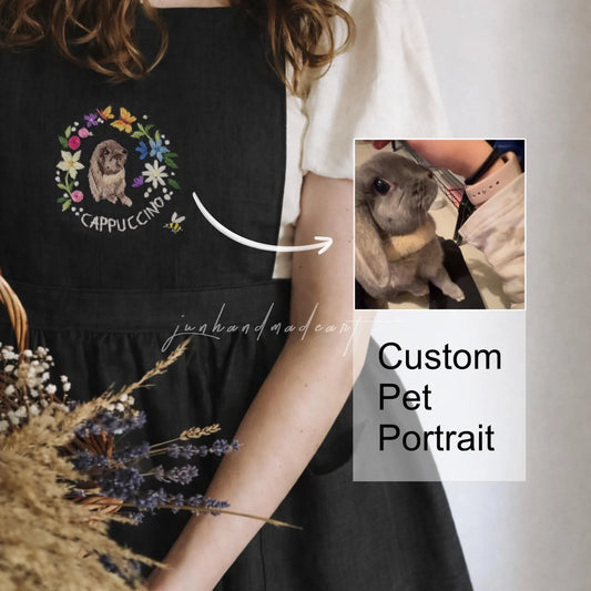 Custom Bunny Portrait Embroidered Linen Apron, Personalized Rabbit & Floral Apron, Handmade Cottagecore Pet Lover Gift for Her