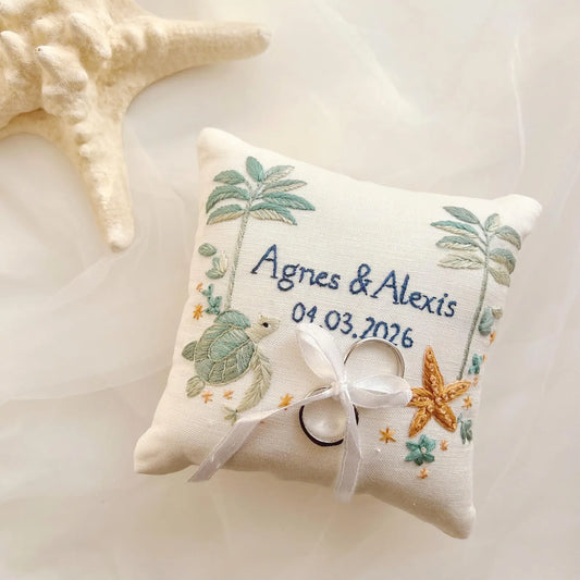 Tropical Beach Ring Bearer Pillow – Hand Embroidered Palm Trees & Ocean Details