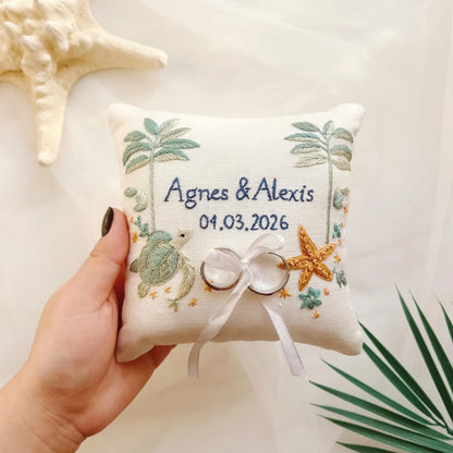 Tropical Beach Ring Bearer Pillow – Hand Embroidered Palm Trees & Ocean Details