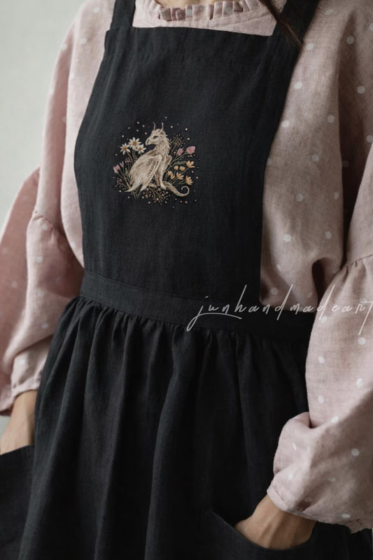 Hand Embroidered Lynx Linen Apron, Woodland Wild Cat Floral Apron, Handmade Dark Cottagecore Kitchen Apron, Mystical Nature Gift for Her