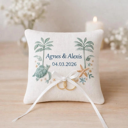Tropical Beach Ring Bearer Pillow – Hand Embroidered Palm Trees & Ocean Details