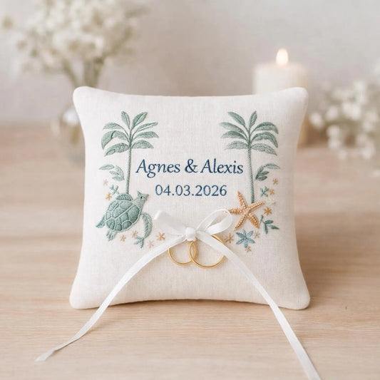 Tropical Beach Ring Bearer Pillow – Hand Embroidered Palm Trees & Ocean Details