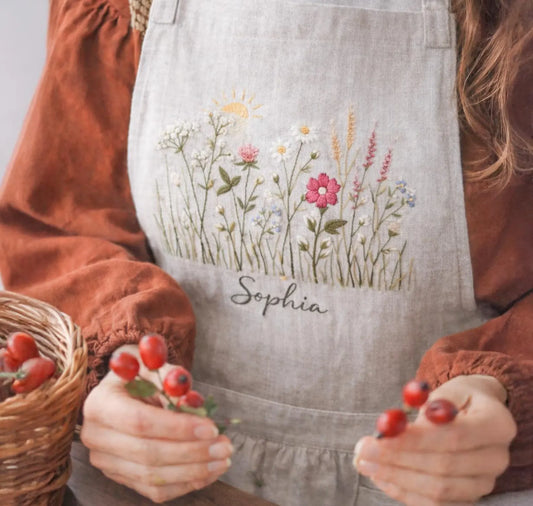 Personalized Wildflower Linen Apron, Hand Embroidered Floral Garden Apron with Name, Cottagecore Cooking Apron, Custom Gift for Her