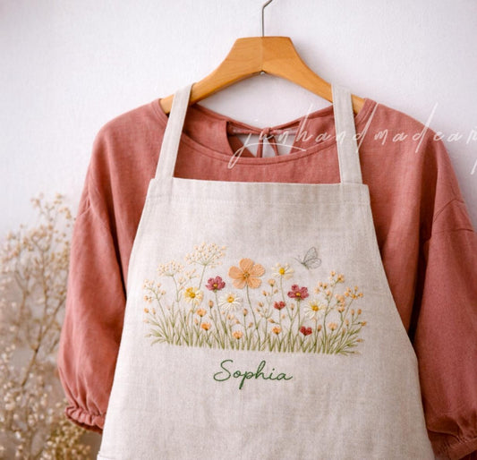 Personalized Wildflower Linen Apron, Hand Embroidered Floral Garden Apron with Name, Cottagecore Cooking Apron, Custom Gift for Her