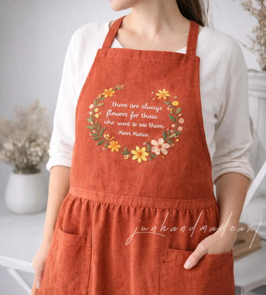 Hand Embroidered Floral Quote Linen Apron, Cottagecore Apron with Inspirational Quote, Terracotta Linen Apron, Artist Gift