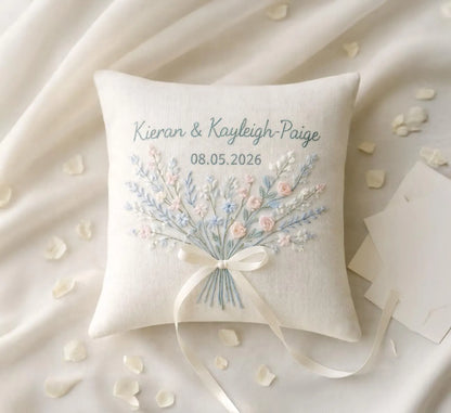 Personalized Frangipani Blossoms Embroidered Ring Bearer Pillow, Custom Linen Wedding Cushion, Hand Embroidery Ring Holder, Floral Ring Pillow, Wedding Gift