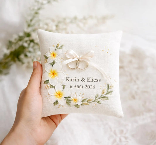 Personalized Frangipani Blossoms Embroidered Ring Bearer Pillow, Custom Linen Wedding Cushion, Hand Embroidery Ring Holder, Floral Ring Pillow, Wedding Gift