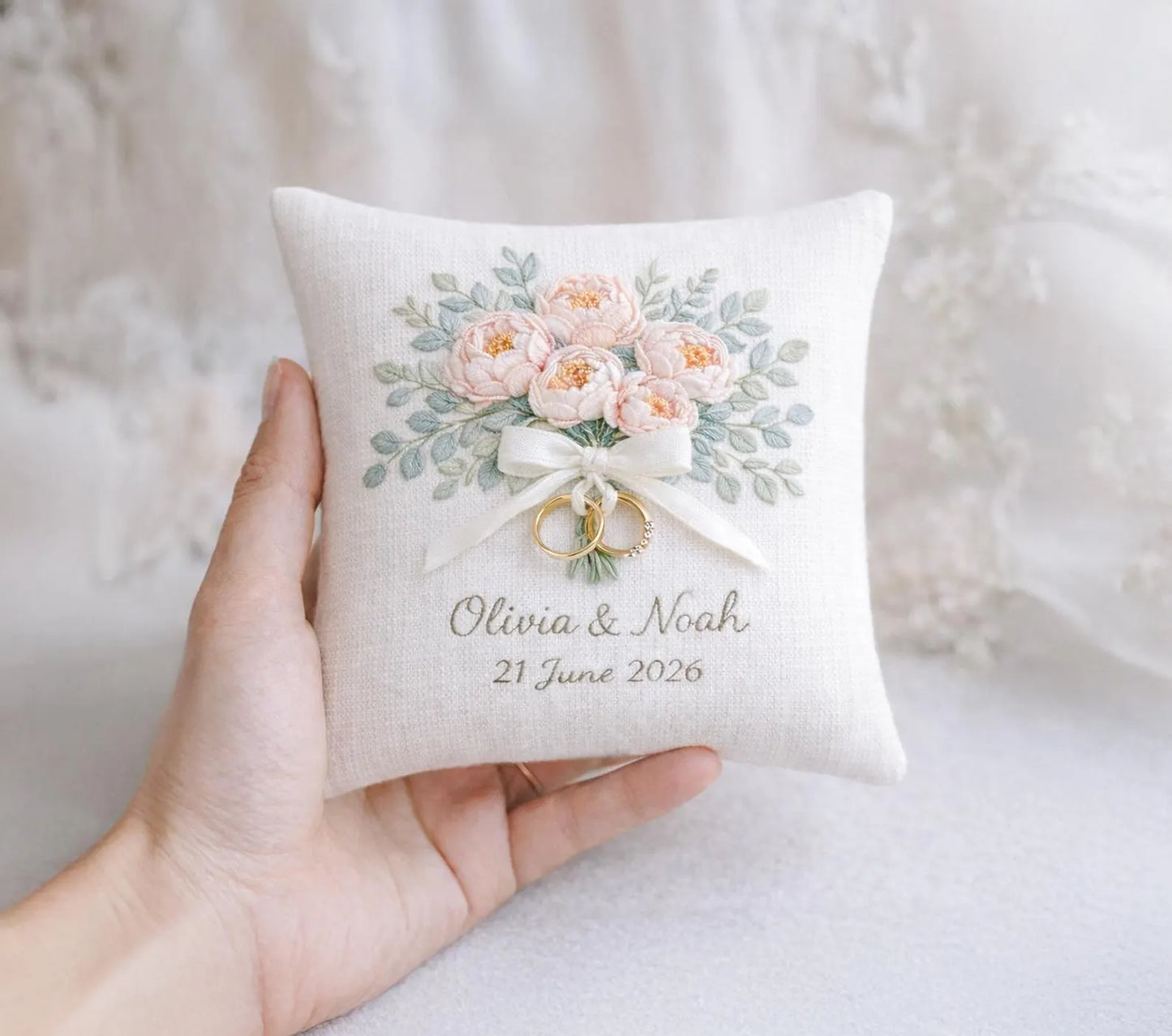 Custom Embroidered Ring Bearer Pillow, Personalized Floral Wedding Ring Cushion, Handmade Linen Pillow, Romantic Wedding Keepsake