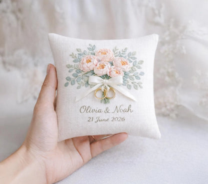 Custom Embroidered Ring Bearer Pillow, Personalized Floral Wedding Ring Cushion, Handmade Linen Pillow, Romantic Wedding Keepsake