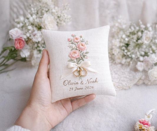 Custom Embroidered Ring Bearer Pillow, Personalized Floral Wedding Ring Cushion, Handmade Linen Pillow, Romantic Wedding Keepsake