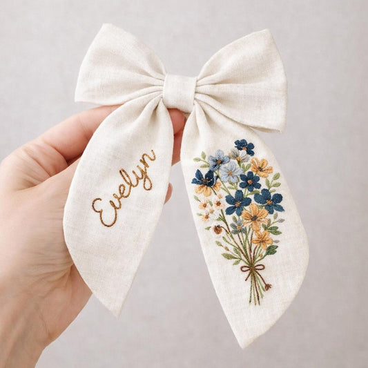 Forget Me Not Embroidered Hair Bow, Personalized Linen Bow Clip, Custom Name Flower Girl Bow, Wildflower Wedding Hair Accessory Gift for Her