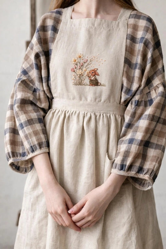 Hand Embroidered Bunny Linen Apron, Woodland Rabbit Cottagecore Apron, Beige Floral Linen Apron, Rustic Kitchen Gift for Her