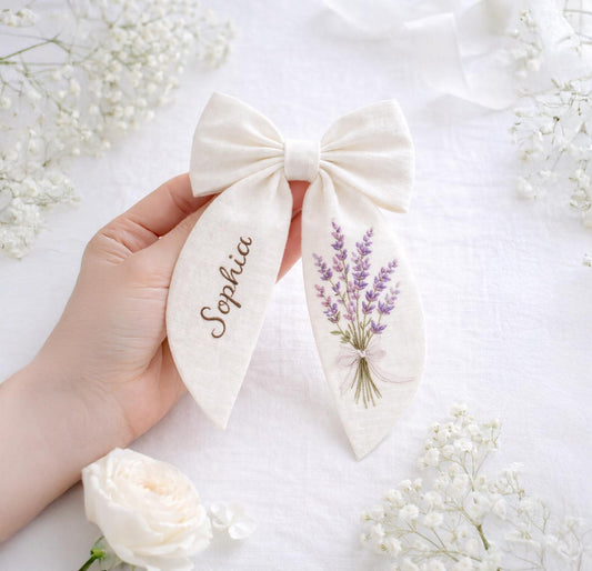 Personalized Linen Hair Bow – Hand Embroidered Flower Bow with Initial – Custom Name Text Bow for Girls, Handmade Hairpin Bow for Girl