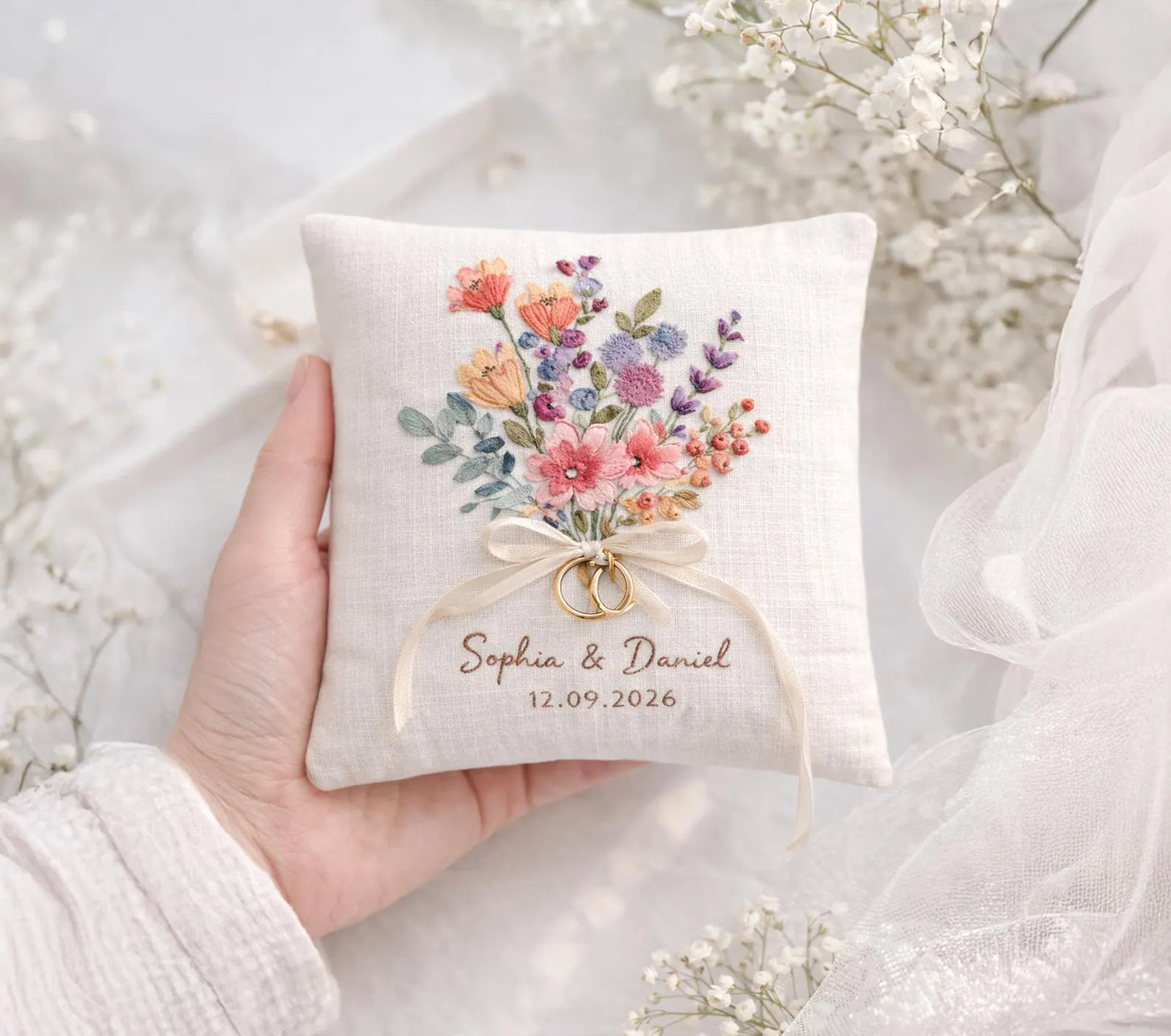Personalized Wildflower Embroidered Ring Bearer Pillow, Custom Linen Wedding Cushion, Hand Embroidery Ring Holder, Floral Ring Pillow, Wedding Gift