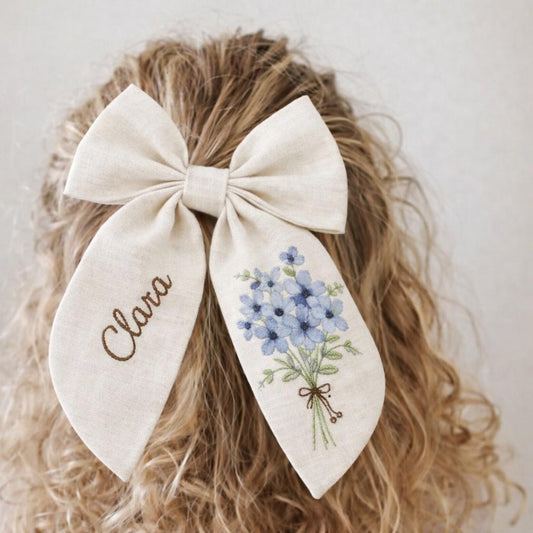 Forget Me Not Embroidered Hair Bow, Personalized Linen Bow Clip, Custom Name Flower Girl Bow, Blue Floral Wedding Hair Accessory Bridal Gift