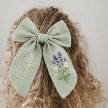 Forget Me Not Embroidered Hair Bow, Personalized Linen Bow Clip, Custom Name Flower Girl Bow, Blue Floral Wedding Hair Accessory Bridal Gift