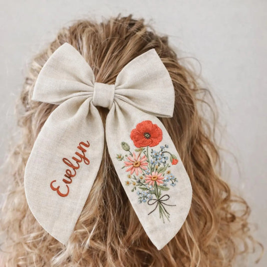 Poppy Embroidered Hair Bow, Personalized Linen Bow Clip, Custom Name Flower Girl Bow, Wildflower Bridal Hair Accessory, Wedding Gift for Her