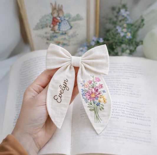 Personalized Wildflower Bouquet Linen Hair Bow – Hand Embroidered Flower Bow with Initial – Custom Name Text Bow for Girls, Handmade Hairpin Bow for Girl