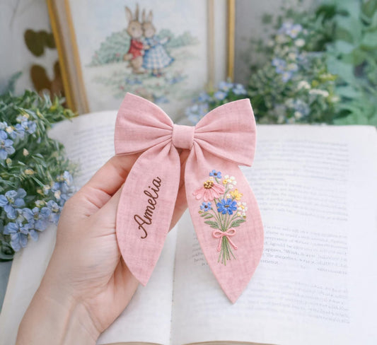 Personalized Wildflower Bouquet Linen Hair Bow – Hand Embroidered Flower Bow with Initial – Custom Name Text Bow for Girls, Handmade Hairpin Bow for Girl