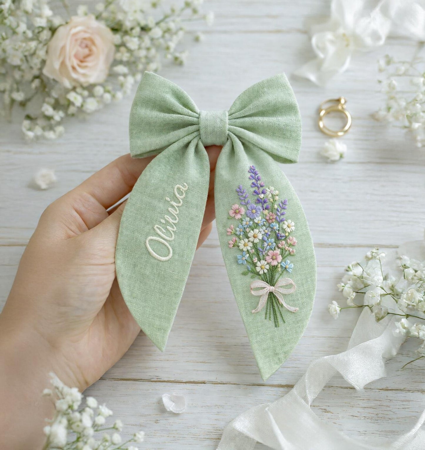 Personalized Linen Hair Bow – Hand Embroidered Flower Bow with Initial – Custom Name Text Bow for Girls, Handmade Hairpin Bow for Girl