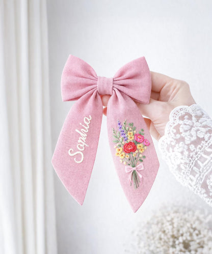 Personalized Wild Floral Linen Hair Bow – Hand Embroidered Flower Bow with Initial – Custom Name Text Bow for Girls, Handmade Hairpin Bow for Girl