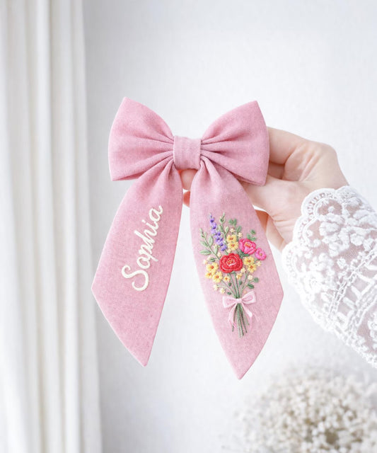 Personalized Wild Floral Linen Hair Bow – Hand Embroidered Flower Bow with Initial – Custom Name Text Bow for Girls, Handmade Hairpin Bow for Girl