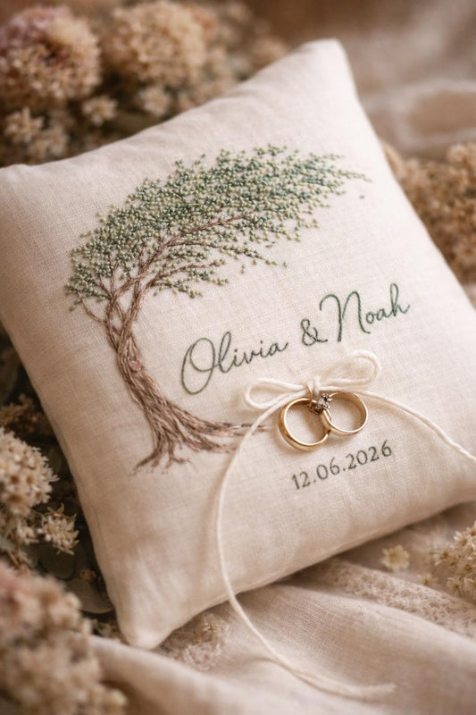 Personalized Embroidered Ring Bearer Pillow, Custom Linen Wedding Cushion, Hand Embroidery Ring Holder, Floral Ring Pillow, Wedding Gift