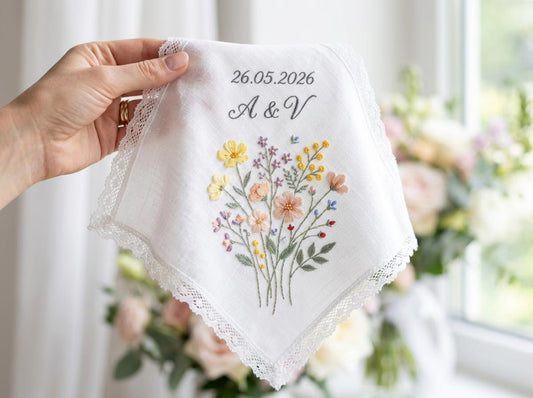 Embroidered Wedding Handkerchief – Custom Cottage Garden Hankie for Bride, Bridal Gift, Personalized with Name & Date, Gift for Bride