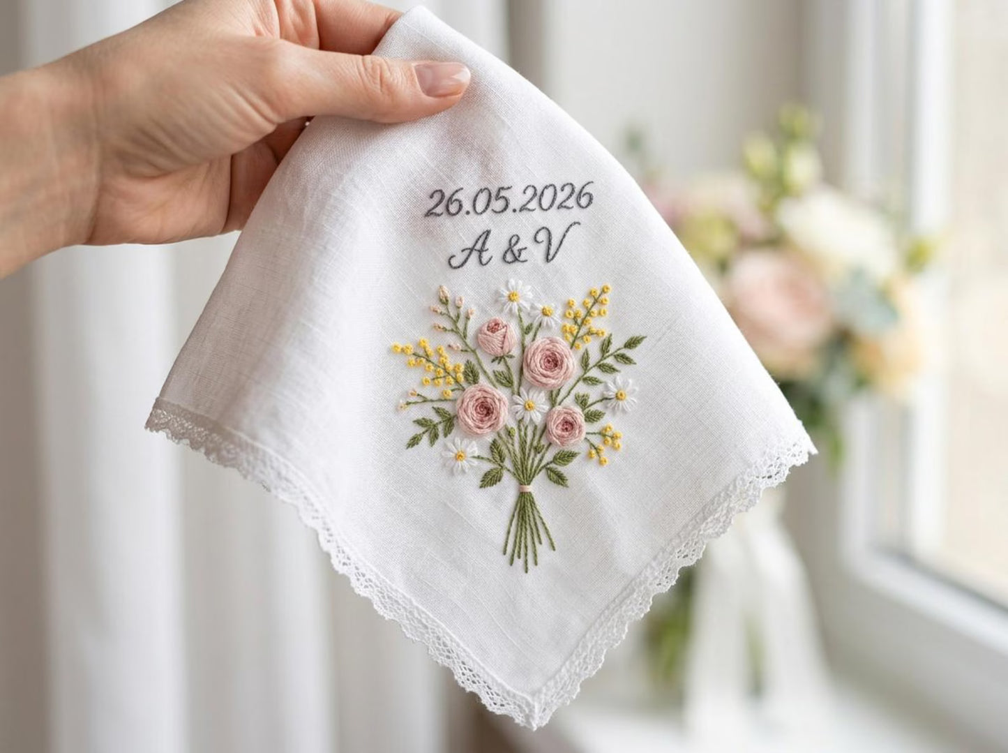 Embroidered Wedding Handkerchief – Custom Cottage Garden Hankie for Bride, Bridal Gift, Personalized with Name & Date, Gift for Bride