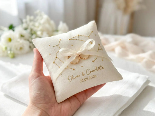 Personalized Constellation Ring Bearer Pillow, Embroidered Wedding Pillow with Names Date, Custom Linen Ring Pillow, Celestial Wedding Decor