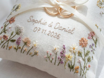 Personalized Floral Border Ring Bearer Pillow, Embroidered Wedding Pillow with Names Date, Custom Linen Ring Pillow, Handmade Wedding