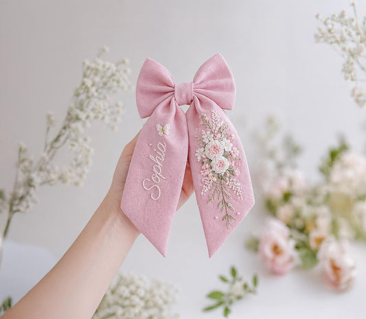 Personalized Elegant Rose Linen Hair Bow – Hand Embroidered Flower Bow with Initial – Custom Name Text Bow for Girls, Handmade Hairpin Bow for Girl