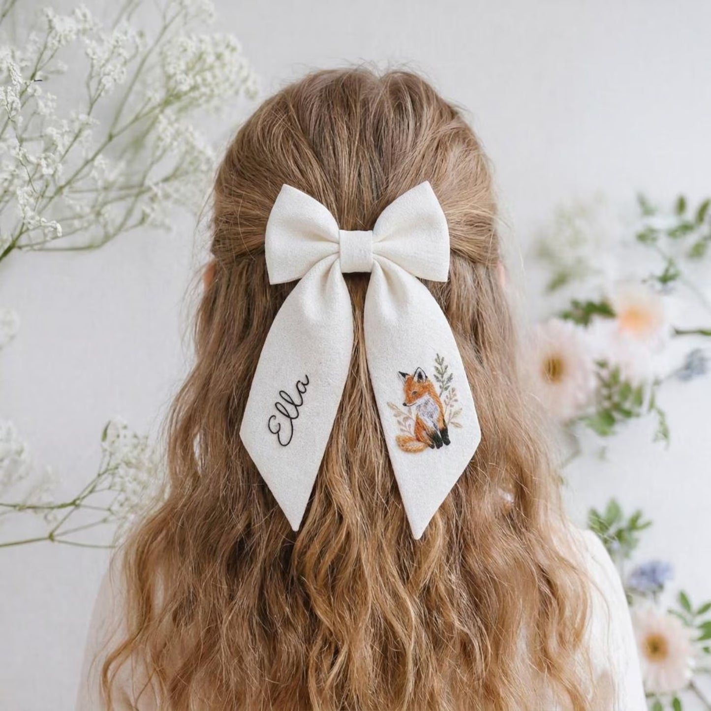 Personalized Fox Bow Hair Clip, Embroidered Linen Hair Bow, Custom Name Hair Clip, Woodland Baby Girl Bow, Handmade Gift for Kids