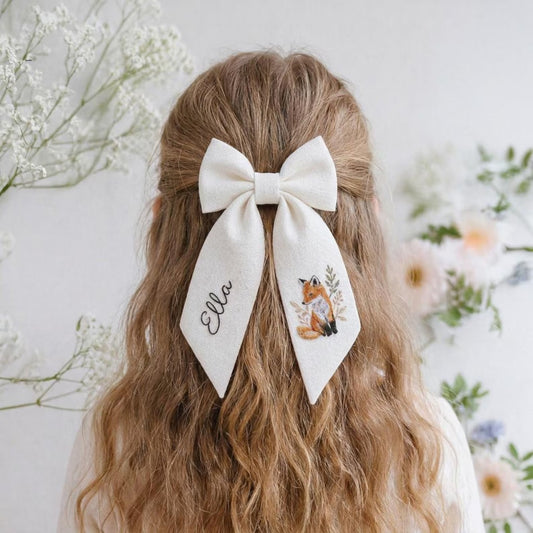 Personalized Fox Bow Hair Clip, Embroidered Linen Hair Bow, Custom Name Hair Clip, Woodland Baby Girl Bow, Handmade Gift for Kids