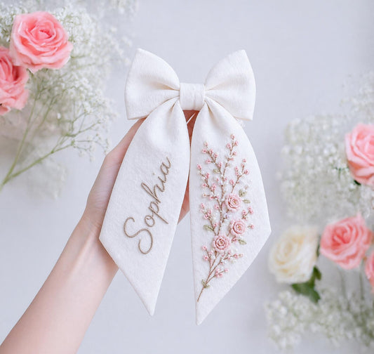 Personalized Rose Linen Hair Bow – Hand Embroidered Flower Bow with Initial – Custom Name Text Bow for Girls, Handmade Hairpin Bow for Girl