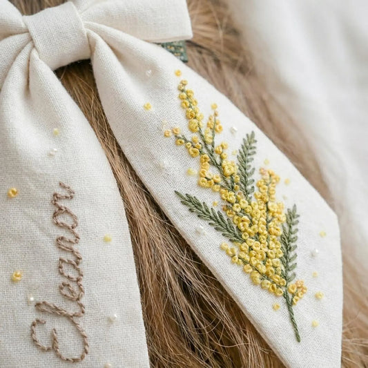 Personalized Tiny Floral Linen Hair Bow – Hand Embroidered Flower Bow with Initial – Custom Name Text Bow for Girls, Handmade Hairpin Bow for Girl