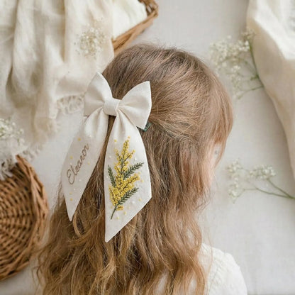 Personalized Tiny Floral Linen Hair Bow – Hand Embroidered Flower Bow with Initial – Custom Name Text Bow for Girls, Handmade Hairpin Bow for Girl