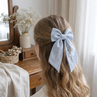 Personalized Ballerina Bow Hair Clip, Embroidered Linen Hair Bow, Custom Name Hair Clip, Ballet Dancer Hair Bow, Handmade Girl Gift