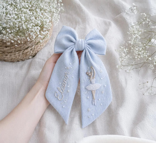 Personalized Ballerina Bow Hair Clip, Embroidered Linen Hair Bow, Custom Name Hair Clip, Ballet Dancer Hair Bow, Handmade Girl Gift