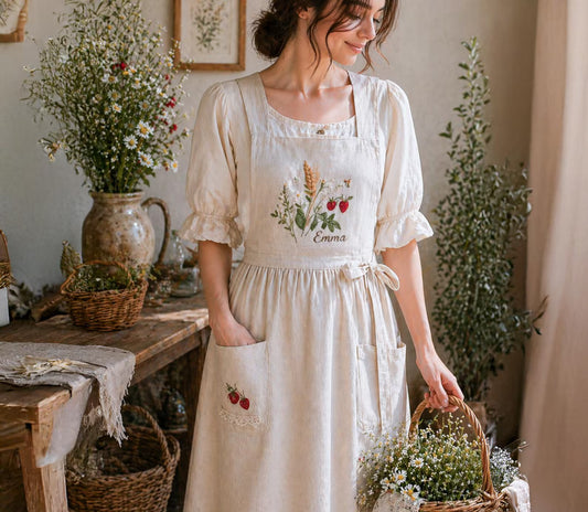 Personalized Linen Apron Dress, Hand Embroidery Strawberry Dress, Custom Name Cottagecore Apron, Floral Linen Dress, Rustic Farmhouse Outfit