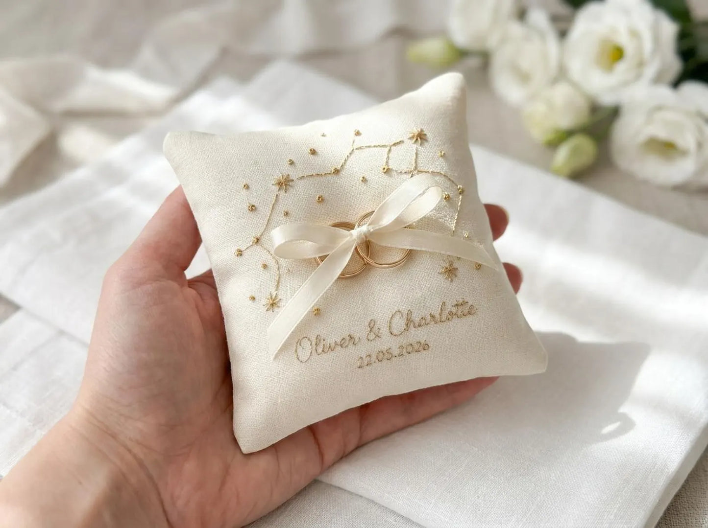 Personalized Constellation Ring Bearer Pillow, Embroidered Wedding Pillow with Names Date, Custom Linen Ring Pillow, Celestial Wedding Decor