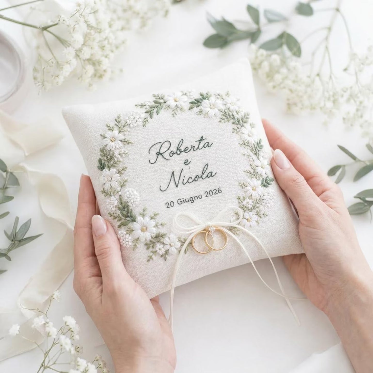 Personalized White Blossom Ring Pillow, Wedding Ring Bearer Pillow, Embroidered Linen Ring Pillow, Floral Wreath Ring Cushion, Custom Names Date, Rustic Wedding Decor