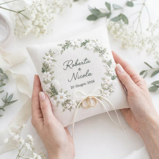 Personalized White Blossom Ring Pillow, Wedding Ring Bearer Pillow, Embroidered Linen Ring Pillow, Floral Wreath Ring Cushion, Custom Names Date, Rustic Wedding Decor