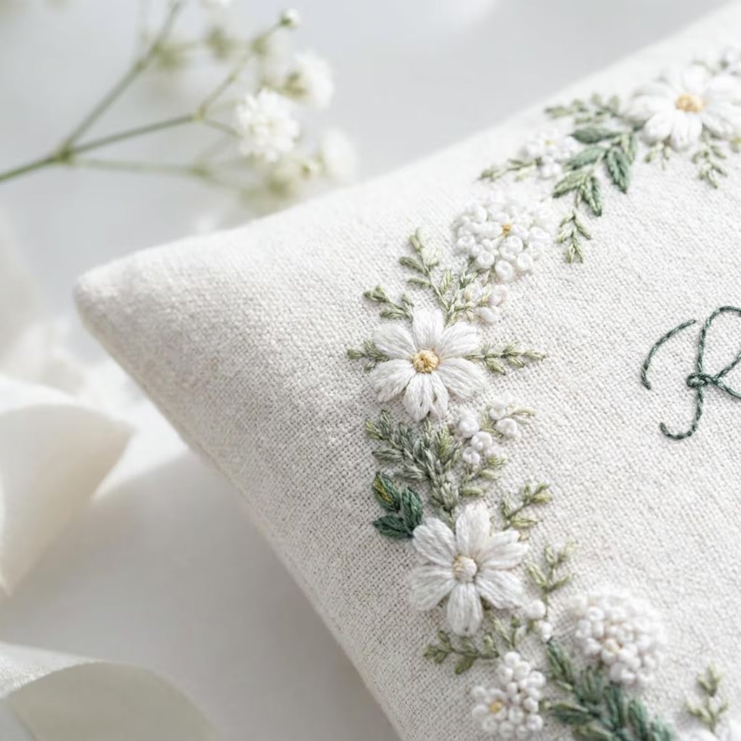 Personalized White Blossom Ring Pillow, Wedding Ring Bearer Pillow, Embroidered Linen Ring Pillow, Floral Wreath Ring Cushion, Custom Names Date, Rustic Wedding Decor