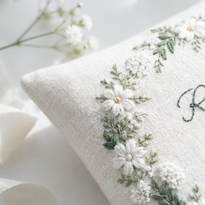 Personalized White Blossom Ring Pillow, Wedding Ring Bearer Pillow, Embroidered Linen Ring Pillow, Floral Wreath Ring Cushion, Custom Names Date, Rustic Wedding Decor