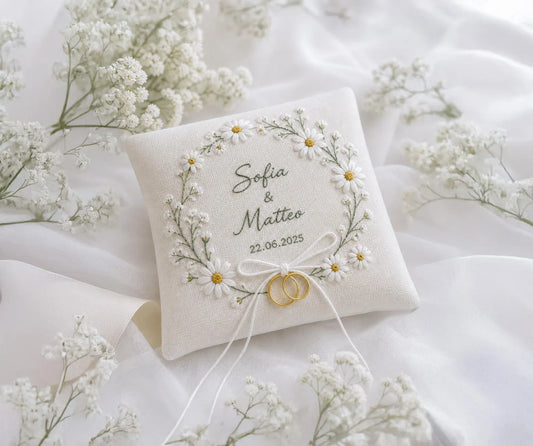 Personalized Ring Bearer Pillow, Embroidered Linen Wedding Pillow, Daisy Floral Wreath Ring Cushion, Custom Names & Date, Bridal Accessory