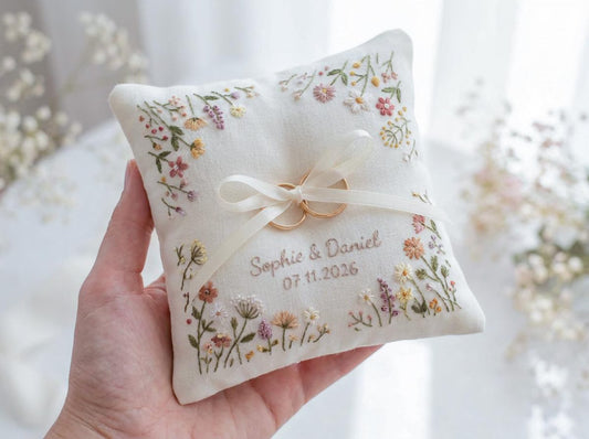 Personalized Floral Border Ring Bearer Pillow, Embroidered Wedding Pillow with Names Date, Custom Linen Ring Pillow, Handmade Wedding