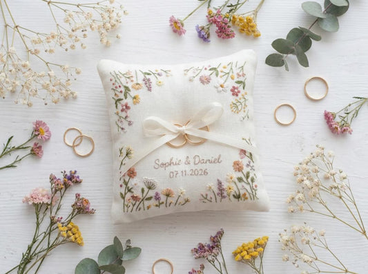 Personalized Floral Border Ring Bearer Pillow, Embroidered Wedding Pillow with Names Date, Custom Linen Ring Pillow, Handmade Wedding