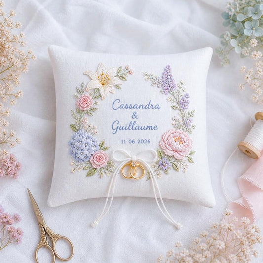 Luxury Embroidered Ring Bearer Pillow, Personalized Wedding Ring Pillow, Floral Wreath Linen Cushion, Custom Names & Date, Elegant Bridal